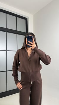 Acı Kahve Çift Fermuarlı Hırka Beli Lastikli Pantolon Triko Takım GAUS-01090GAUSTAKIMGAUS-01090