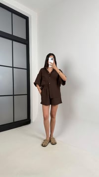 Acı Kahve Cepli Gömlek Beli Lastikli Şort Müslin Takım Gaus00445GausTAKIMGU1002038