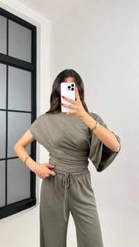 Haki Yarasa Kol Bluz Beli Lastikli Pantolon Tasarım Modal Kumaş Takım GAUS-01251GAUSTAKIMGAUS-01251
