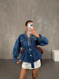 Mavi Boncuk İşlemeli Belden Lastikli Denim Tasarım Ceket Gaus00028GausCEKETGU1001062