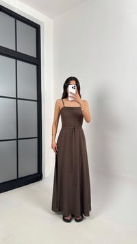 Kahve Ayarlanabilir Askılı Kuşaklı Basic Keten Elbise Gaus00387GausELBİSEGU1001902