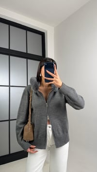 Antrasit Kürk Detaylı Kapüşonlu Triko Hırka GAUS-00883GAUSHIRKAGAUS-00883