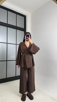 Acı Kahve Tek Düğmeli Kuşaklı Ceket Beli Lastikli Pantolon Modal Takım GAUS-00985GAUSTAKIMGAUS-00985