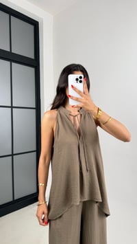 Vizon Boyundan Bağlamalı Asimetrik Bluz Beli Lastikli Pantolon GAUS-003GAUSTAKIMGAUS-003