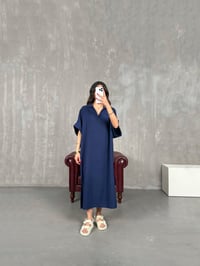 Lacivert V Polo Yaka Yandan Yırtmaçlı Keten Elbise Gaus00164GausELBİSEGU1001376