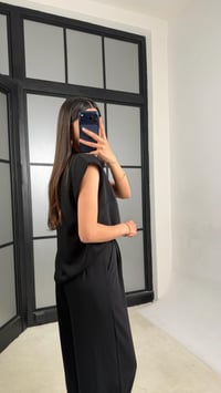 Siyah Vatkalı Bluz Beli Lastikli Pantolon Krep Kumaş Takım GAUS-01485GAUSTAKIMGAUS-01485