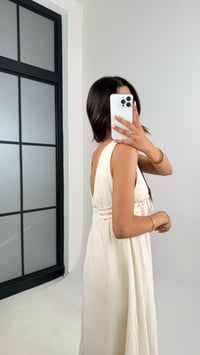 Taş V Yaka Beli Ayarlanabilir Lastikli Astarlı Müslin Elbise Gaus00680 GausELBİSEGU1002571