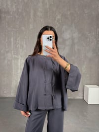 Antrasit Yaka Düğmeli Gömlek Beli Lastikli Pantolon Tensel Takım Gaus00238GausTAKIMGU1001554