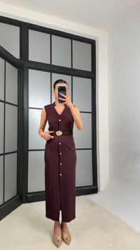 Mürdüm Kuşaklı Gold Düğme Detaylı Premium Elbise GAUS-01448GAUSELBİSEGAUS-01448
