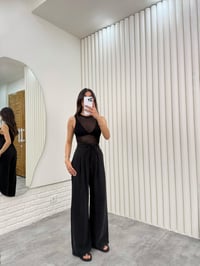 Siyah Kuşaklı Tensel Kırışık Kumaş Palazzo Pantolon Gaus00302GausPANTOLONGU1001694