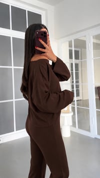 Acı Kahve Kayık Yaka Bluz Beli Lastikli Pantolon İkili Modal Takım GAUS-02168GAUSTAKIMGAUS-02168