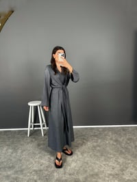 Aury Gri Önden Bağlamalı Pinterest Keten ElbiseGausELBİSEGU008333