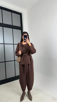 Kahve Düğmeli Kuşaklı Ceket Beli Lastikli Şalvar İkili Premium Selanik Takım GAUS-00777GAUSTAKIMGAUS-00777