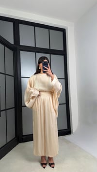 Bej Transparan Pelerin Beli Lastikli Şalvar Pantolon Premium Tasarım Takım GAUS-01292GAUSTAKIMGAUS-01292