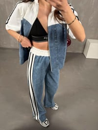 Alvin Beyaz Şeritli Kısa Kollu Fermuarlı Denim Karışımlı Üst Alt TakımGausTAKIMGU100850