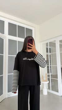 Siyah Kolu Şeritli Tshirt Beli Lastikli Pantolon İkili Modal Takım GAUS-02227GAUSTAKIMGAUS-02227