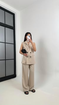Taş  Önü Düğmeli Astarlı Yelek Beli Lastikli Pantolon Tencel Premium Takım Gaus00366GausTAKIMGU1001850