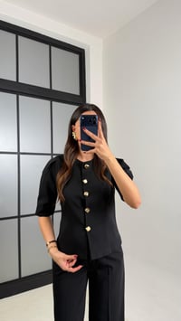 Siyah Gold Düğmeli Balon Kol Ceket Beli Lastikli Pantolon Kumaş Takım GAUS-00748GAUSTAKIMGAUS-00748