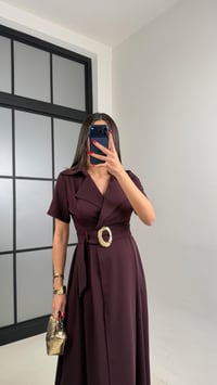 Mürdüm Gold Toka Kuşaklı Krep Kumaş Uzun Elbise GAUS-00974GAUSDressesGAUS-00974