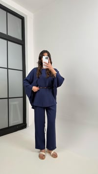 Lacivert Boncuk Kuşaklı Bağlamalı Panço Üst Pantolon İkili Keten Takım Gaus00338GausTAKIMGU1001783