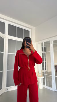 Kırmızı Kemer Detaylı Hırka Beli Lastikli Pantolon İkili Modal Takım GAUS-02053GAUSTAKIMGAUS-02053