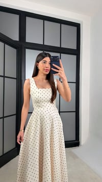 Krem Kuşaklı Puantiye Desenli Elbise GAUS-01372GAUSELBİSEGAUS-01372