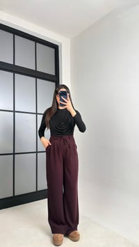 Mürdüm Beli Lastikli Kuşaklı İthal Kumaş Pantolon GAUS-00869GAUSPANTOLONGAUS-00869