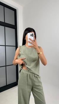 Yeşil Püskül Detaylı Bluz Beli Lastikli Cepli Pantolon Keten Takım Gaus00646 GausTAKIMGU1002502