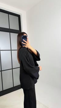 Siyah Yan Düğme Detaylı Kimono Beli Lastikli Pantolon Fitilli Kumaş Takım GAUS-00624GAUSTAKIMGAUS-00624