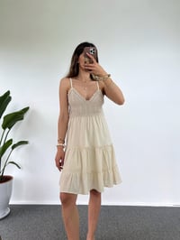 Farona Bej Keten Triko İşlemeli Astarlı Elbise GausELBİSEGU001239
