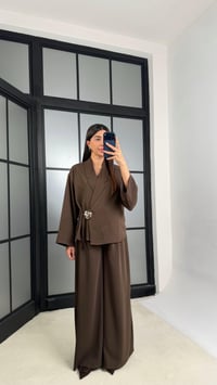 Kahve Premıum Toka Detaylı Yandan Bağlamalı Beli Lastikli Pantolon Tencel Takım GAUS-01205GAUSSuitsGAUS-01205