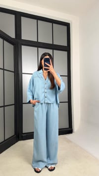 Mavi Yarasa Kol Gömlek Beli Lastikli Pantolon Tencel Takım GAUS-01444GAUSTAKIMGAUS-01444
