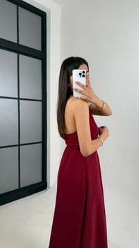 Bordo V Yaka Kuşaklı Boyundan Askılı Keten Elbise Gaus00541GausELBİSEGU1002260