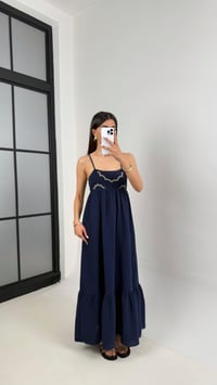 Lacivert Nakışlı Ayarlanabilir Askılı Astarlı Müslin Elbise Gaus00409GausELBİSEGU1001954
