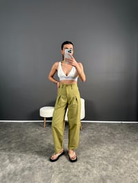 Lovas Yağ Yeşili Lux Kalite Keten Pantolon GausPANTOLONGU004583