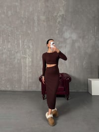 Loneva Kahve Belden Dekolteli Fitilli Yumuşak Triko ElbiseGausELBİSEGU00904393