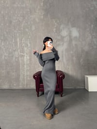 Ladin Gri Madonna Yaka Fitilli Yumuşak Triko ElbiseGausELBİSEGU10035