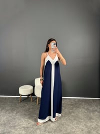 Lacivert Keten Ön Şeritli Askılı Salaş ElbiseGausELBİSEGU007242
