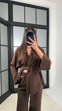 Acı Kahve Kuşaklı Ceket Beli Lastikli Pantolon Tencel Takım GAUS-01128GAUSTAKIMGAUS-01128