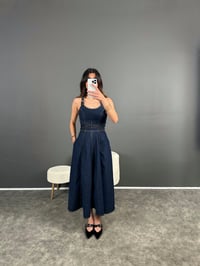 Laren Uzun Mavi Tasarım Bağlama Detay Denim ElbiseGausELBİSEGU004582