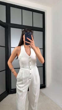 Beyaz Boyundan Bağlamalı Tasarım Tencel Denim Tulum GAUS-01357GAUSJumpsuitsGAUS-01357