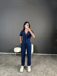 Holi Lacivert Arkası Lastikli Premium Keten TulumGausTULUMGU004563