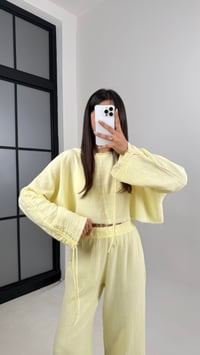 Sarı Kol Büzgülü Crop Beli Lastikli Pantolon Tasarım Müslin Takım Gaus00581GausTAKIMGU1002355