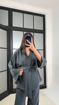 Antrasit Kuşaklı Ceket Beli Lastikli Pantolon Tencel Takım GAUS-01128GAUSTAKIMGAUS-01128