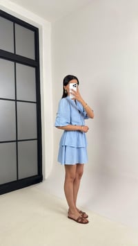 Mavi V Yaka Astarlı Kemerli Önü Düğmeli Tencel Elbise Gaus00450GausELBİSEGU1002050