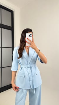 Mavi Yarım Kol Astarlı Vatkalı Kemerli Ceket Pantolon İkili Premium Takım Gaus00453GausTAKIMGU1002058