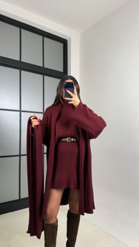 Bordo Şal Detaylı Hırka Kazak Beli Lastikli Etek Triko Takım GAUS-01039GAUSTAKIMGAUS-01039