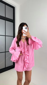 Pembe Yaka Fırfırlı Taş Detaylı Gömlek Şortlu Müslin Takım Gaus00511GausTAKIMGU1002202