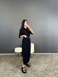 Roge Siyah Keten Uzun Yırtmaçlı Uzun ElbiseGausELBİSEGU004619
