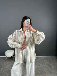 Yeşil Çizgili Keten Oversize GömlekGausGÖMLEKGU007248